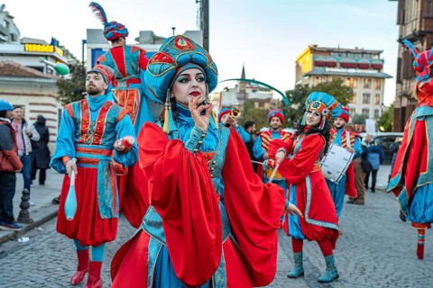 Costumed group of street artists in Istanbul, Turkey