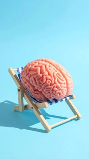 Brain relaxes on a sunbed under the summer sun, placed on a flat surface, symbol for mental health,