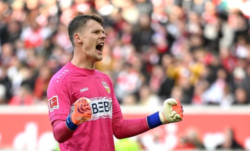 Goalkeeper Alexander Nübel VfB Stuttgart (33) Action Cheering Joy Gesture Gesture MHPArena, MHP