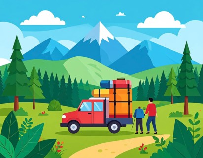 Traveling and hiking in mountain landscape, abstract vector illustration, AI generated image
