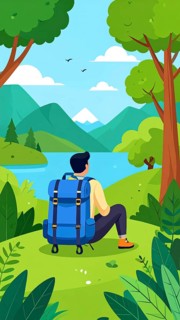 Traveling and hiking in mountain landscape, abstract vector illustration, AI generated image