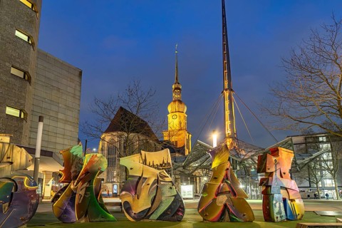 Artwork Graffiti, Pylon of the underground station Reinoldikirche and the city church St.Reinoldi