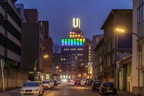 Dortmund landmark U, centre for art and creativity in the former Union Brewery at dusk, Dortmund,