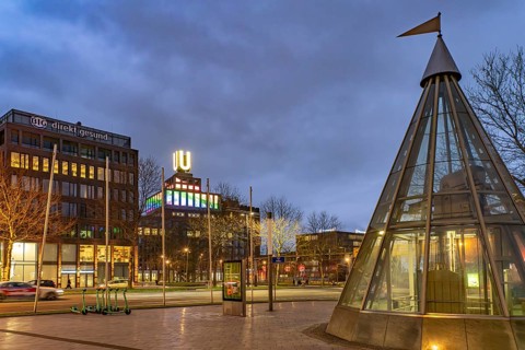 Buffalo Square and Dortmund's landmark U, Centre for Art and Creativity at dusk, Dortmund, North