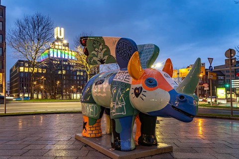The Winged Rhinoceros, heraldic animal and mascot of the concert hall Dortmund in front of