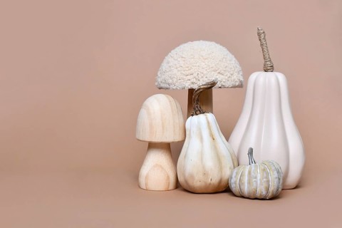 Decorative mushroom and pumpkin ornaments on brown background with copy space. Autumn seasonal