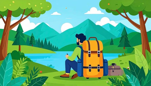 Traveling and hiking in mountain landscape, abstract vector illustration, AI generated image