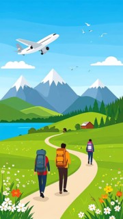 Traveling and hiking in mountain landscape, abstract vector illustration, AI generated image