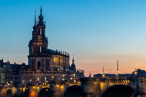 Cathedral Sanctissimae Trinitatis, Augustus Bridge, dusk, Dresden, Saxony, Germany
