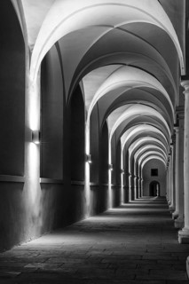 Pillars and archway in the stable courtyard, artificial light, Residenzschloss, Neustadt, Dresden,