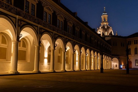 Tower of the Church of Our Lady, pillars and archway in the Stallhof, Residenzschloss, Blue Hour,
