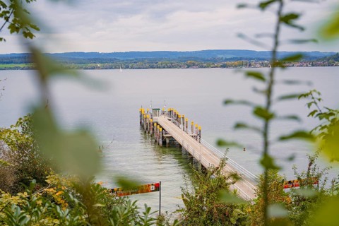 View of a long jetty leading into a calm lake with a cloudy sky in the background, Mainau Island,