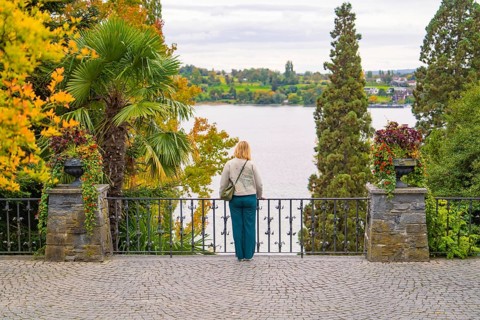 Person looking at a lake landscape with trees in warm autumn colours behind a railing, Mainau