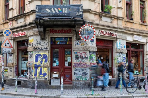 Entrance area of the Musikhaus in the trendy Neustadt neighbourhood, Dresden, Saxony, Germany