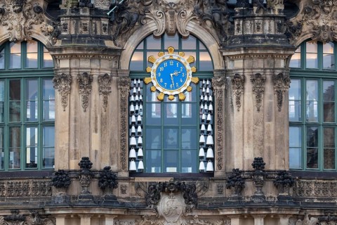 Wall clock in the inner courtyard of the Residenzschloss, Old Town, Dresden, Saxony, Germany
