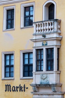 Balcony on the Jungendstilhaus, historic windows, market pharmacy, market square, old town centre,