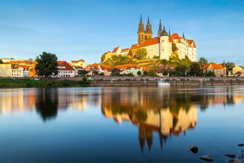 View of Albretsburg Castle and Meissen Cathedral, St. Johannis and St. Donatus, Reflection in the