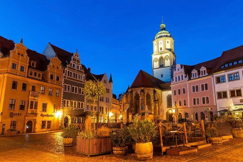 Market Square, Market Pharmacy, Church of Our Lady, Blue Hour, Old Town, Meissen, Saxony, Germany