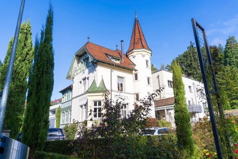Historic building with tower and pointed roofs, surrounded by trees under a clear sky, Überlingen,