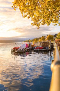 Idyllic harbour at sunset with trees and reflections in the water, Überlingen, Lake Constance,