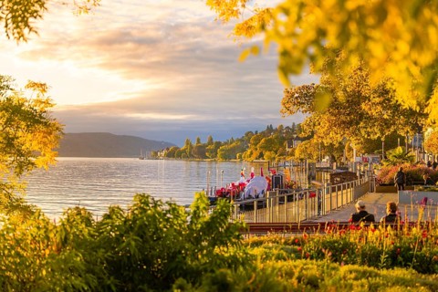 Picturesque lakeside promenade at sunset with a view over the tranquil lake, Überlingen, Lake