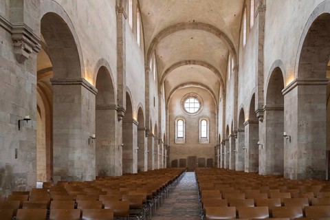 Interior view of the central nave, basilica, monastery church, founded in 1136, Eberbach Monastery,