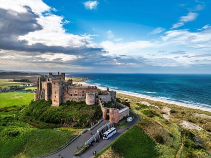 Bamburgh Castle from a drone, Northumberland, Northeast Coast, England, United Kingdom