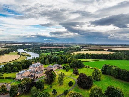 Paxton House over River Tweed from a drone, Paxton, Berwick-upon-Tweed, Berwickshire, Scotland, UK