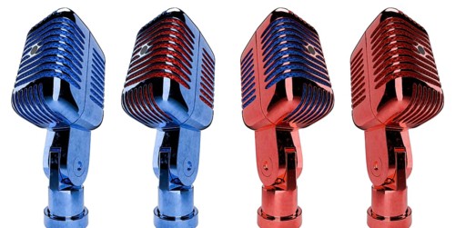 Red and blue classic vintage microphone set isolated on a white background
