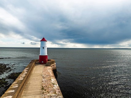 Berwick Pier and Lighthouse from a drone, Berwick-upon-Tweed, England, United Kingdom