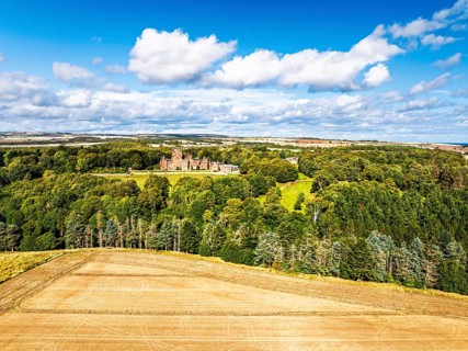 Ayton Castle from a drone, Ayton, Eyemouth, Scottish Borders, Scotland, UK