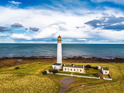 Barns Ness Lighthouse from a drone, Dunbar, East Lothian, Scotland, UK
