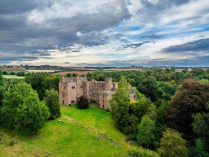 Hutton Castle from a drone, Whiteadder Water, Chirnside, Scottish Borders, UK