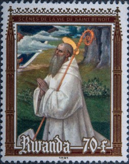 Benedict of Nursia (480-543), monk and founder of the Benedictine Order. Portrait on Rwandan