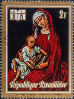 Madonna and Child, traditional religious motif in Catholic countries. Image on Rwandan postage