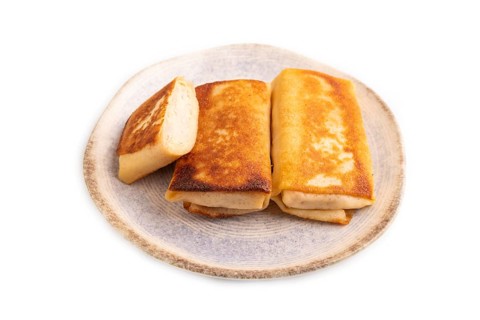 Fried crispy pancakes with meat and cheese isolated on white background. top view, flat lay, copy