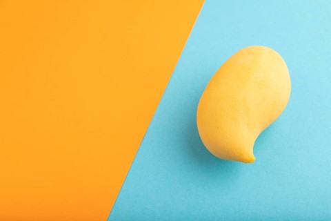 Orange mango on orange and blue paper pastel background. Side view, copy space. healthy food,