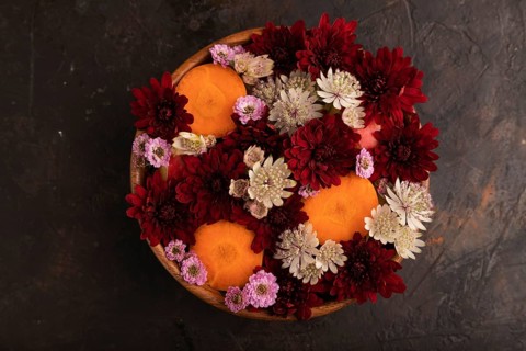 Wooden bowl with carrot slices and red Chrysanthemum flowers, Astrantia flowers, flower salad on