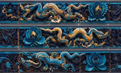 Blue and yellow glazed tiles with depictions of dragons, Ming dynasty, Shanxi province, British