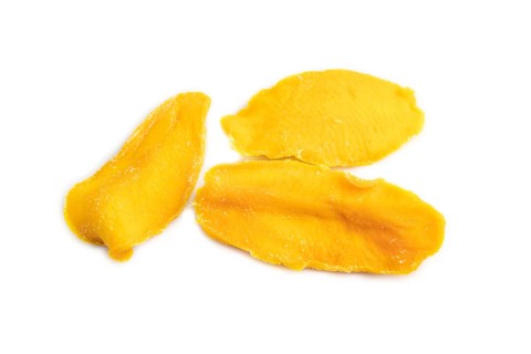 Dried Mango isolated on white background. Side view, close up. healthy food, minimalism