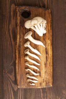 Raw Oyster mushroom, Pleurotus ostreatus on cutting board on brown wooden background. Top view,