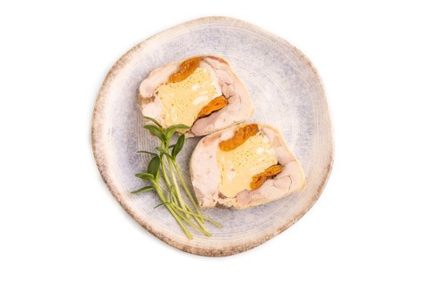 Chicken, egg and dried apricot meatloaf isolated on white. Diet, healthy eating. top view, copy