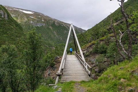 Hiker with rucksack and blue raincoat crosses wooden bridge, Kongevegen or Kingsroad, pilgrimage