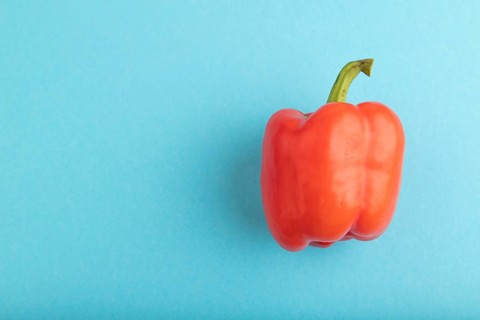 Red pepper on blue pastel background. Top view, flat lay, copy space. healthy food, vegetable,