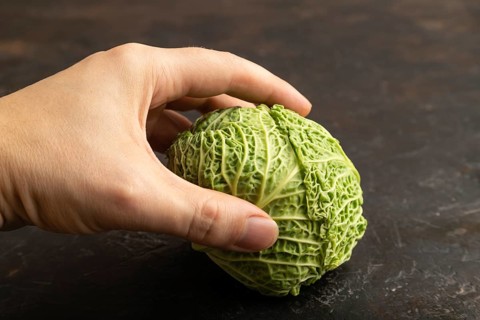 Green lettuce with hand on black concrete background. Side view, copy space. healthy food,