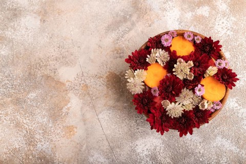 Wooden bowl with carrot slices and red Chrysanthemum flowers, Astrantia flowers, flower salad on