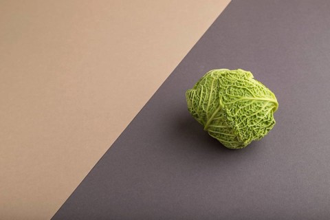 Green lettuce on beige and gray pastel paper background. Side view, copy space, flat lay. healthy