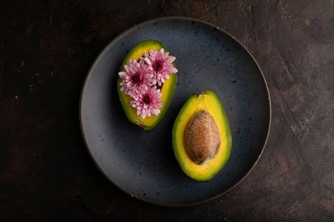 Two Avocado halves with pit and Chrysanthemums on blue plate on black concrete background, top