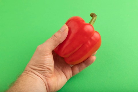 Hand holding Red pepper on green pastel background. Side view, copy space. healthy food, vegetable,