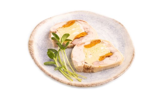 Chicken, egg and dried apricot meatloaf isolated on white. Diet, healthy eating. side view, copy